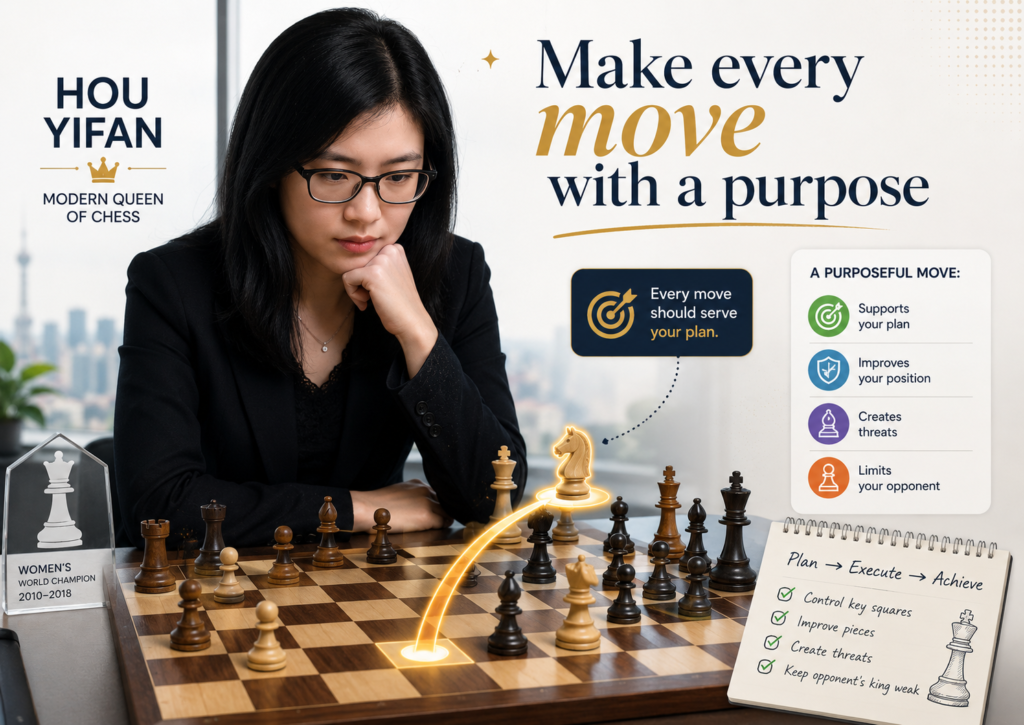 When you study Hou Yifan’s games, one thing becomes clear. Her moves are not random. Even when a move looks small, it usually has a job. It may defend a key square. It may prepare a pawn break. It may stop the opponent’s idea. It may improve a piece before an attack starts.