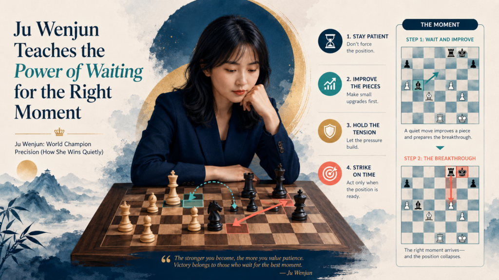 In chess, waiting does not mean doing nothing. It means improving your position until the right moment comes. Ju Wenjun understands this very well. She does not rush to open the game if her pieces are not ready. 