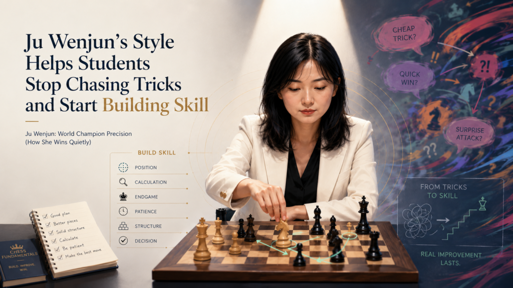 Tricks can win games at beginner level. A quick trap can catch an opponent. A cheap mate threat can work once. A sneaky fork can decide a game. But tricks are not enough for real growth. Ju Wenjun’s chess shows a better path. She wins with skill, not hope.