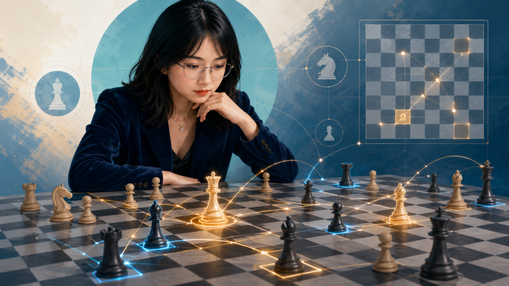 Board vision means seeing what is happening across the whole board. It means noticing loose pieces, open lines, weak squares, king danger, and possible tactics. Ju Wenjun’s quiet wins often come from this skill. She sees small details before they become obvious.