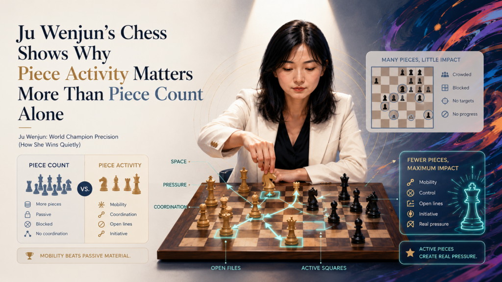 Winning material is nice, but active pieces often matter more than children expect. A player may be up a pawn but have a trapped rook, a bad bishop, and an unsafe king. Another player may be equal in material but have pieces that are ready to jump, attack, and defend. Ju Wenjun understands this balance very well.