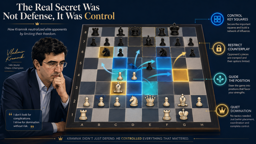 When people hear the word “defense,” they often think it means sitting back and waiting. But Kramnik’s defense was not weak. It was active. It was clean. It was full of purpose. He did not just block attacks. He guided the whole game into places where he understood the plans better than his opponent.