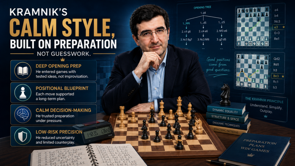 Kramnik looked calm because he had done the work before the game. Calm does not come from pretending everything is fine. It comes from knowing you have prepared well. In a world championship match, every choice matters.