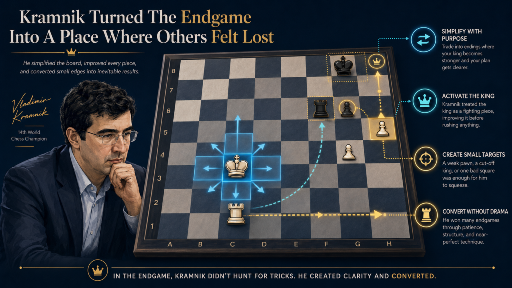 Kramnik’s wall was not only built in the opening. It became even stronger in the endgame. Many players are happy when queens come off because they think the danger is gone. Kramnik saw it another way. For him, the endgame was not the end of the fight. It was where the real squeeze often began.