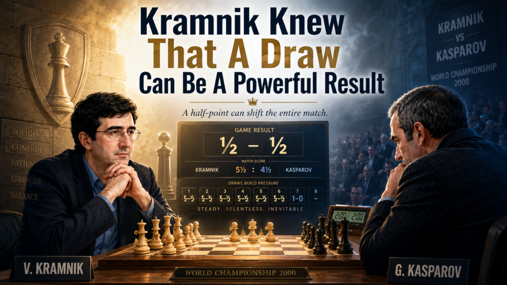 Some people think a draw is boring. Kramnik showed that a draw can be part of a winning plan. In a match, every game has a job. You do not need to win every day. Sometimes the best result is to stop the other player from gaining hope. That is exactly what Kramnik did to Kasparov in 2000.