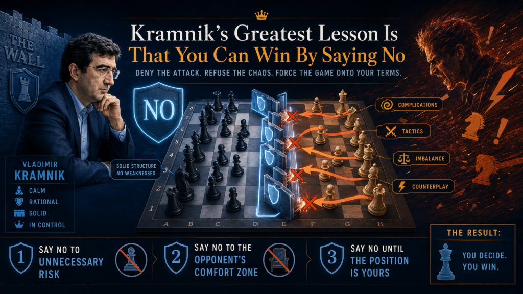 Most chess players love saying yes. Yes to attacks. Yes to tactics. Yes to chaos. Yes to risky pawn grabs. Kramnik often won by saying no. No, you will not get your favorite attack. No, your bishop will not stay strong.