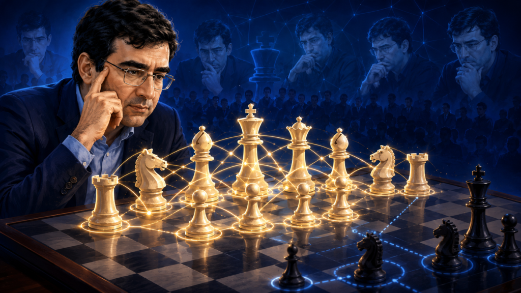 Kramnik’s chess was full of teamwork. His pieces often looked simple, but they worked together beautifully. A knight protected a key square. A bishop covered a long line. A rook waited on the right file.