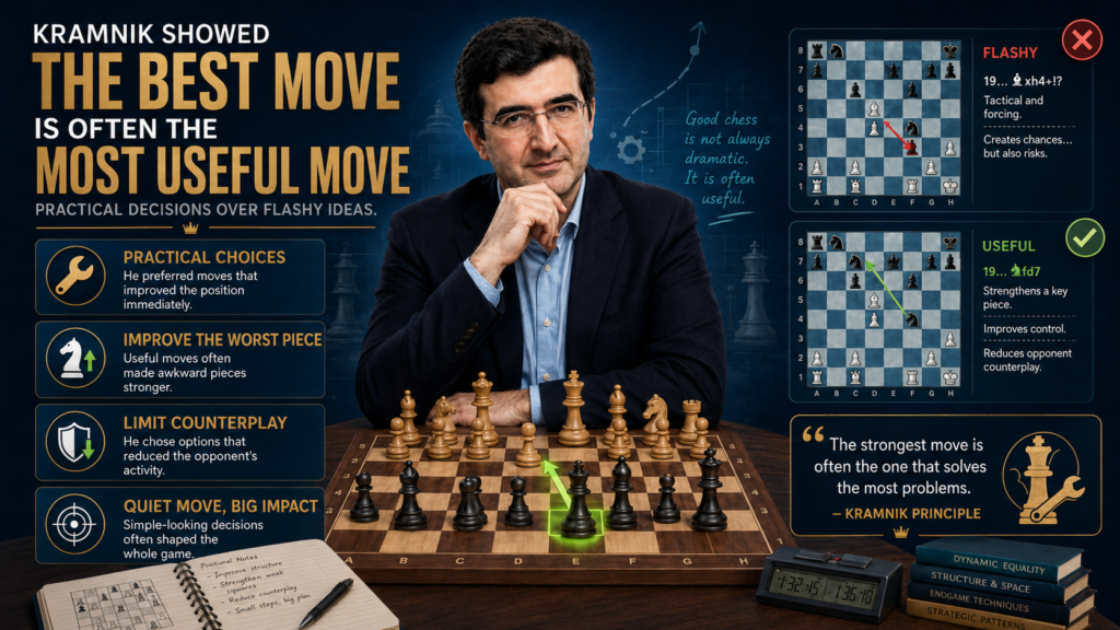 Many young players search only for exciting moves. They look for checks, captures, and threats, which is good. But when there is no tactic, they often feel lost. Kramnik’s games teach a better way. When there is no big blow, play a useful move.