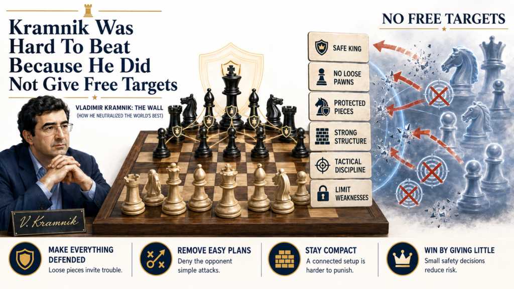 Strong attackers need targets. They need weak pawns, open kings, loose pieces, and soft squares. Kramnik understood this very well. He often played in a way that gave the opponent almost nothing easy to attack.