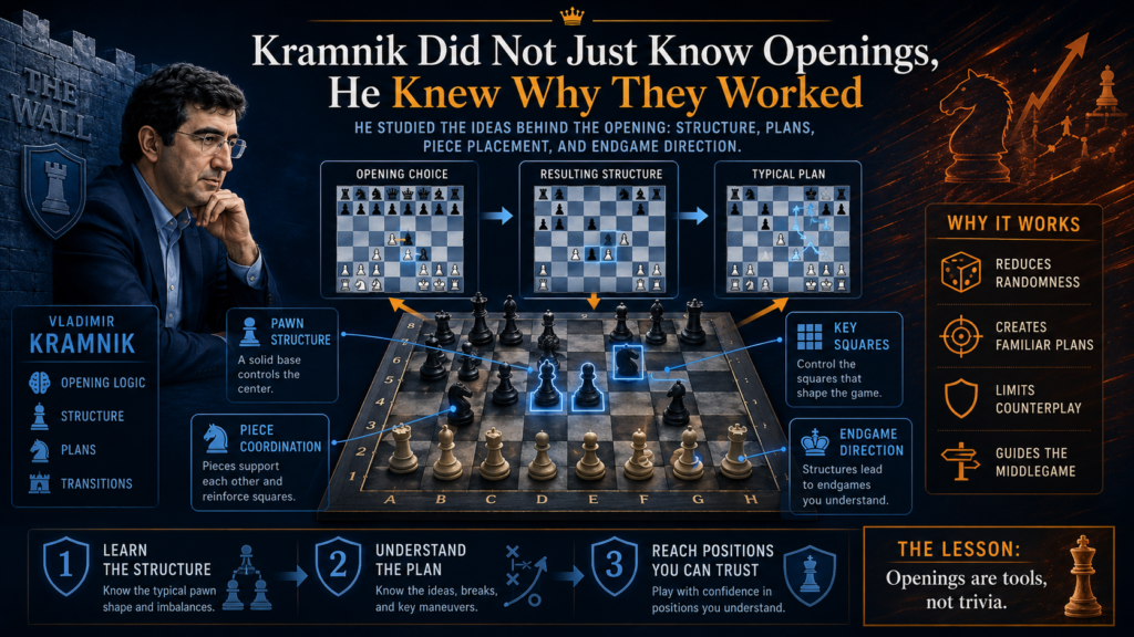 Many students believe opening study means memorizing moves. Kramnik shows us a better way. He did not only know the moves. He knew the ideas behind them. That is why his opening choices were so powerful.