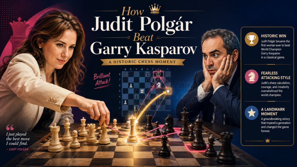 Judit’s win over Garry Kasparov in Moscow in 2002 is one of the most famous moments of her career. It happened in the Russia vs. Rest of the World match, a rapid event where many of the strongest players on earth were playing. Kasparov was not just another grandmaster.