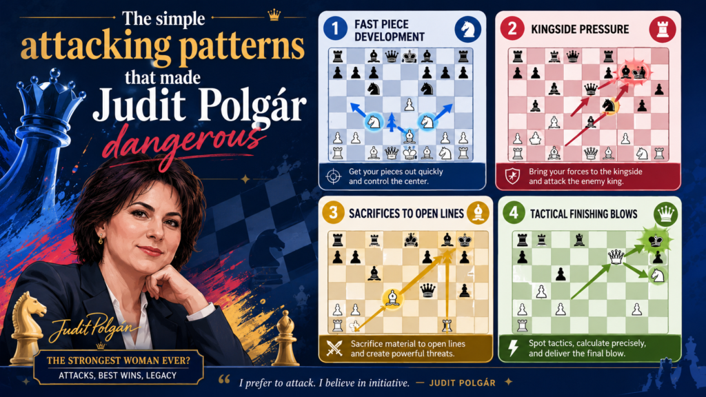 Judit’s attacks looked amazing, but many of the ideas behind them can be learned by young players. She was strong because she understood simple chess truths very deeply. She knew that a king with few defenders is weak. She knew that open lines matter. She knew that pieces become powerful when they work together.