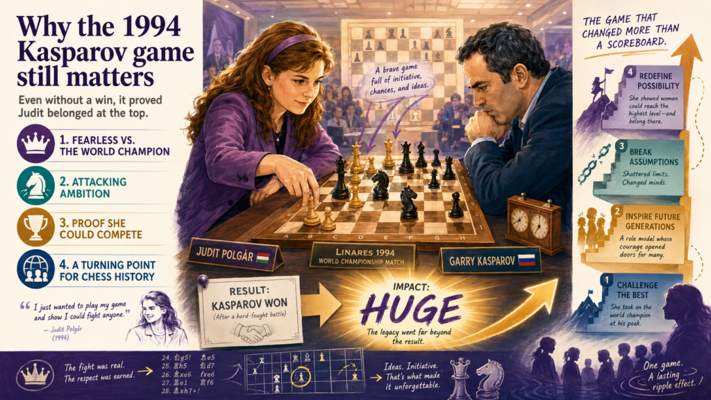 Not every important game is a win. Sometimes a loss can still change how people see you. Judit Polgár’s 1994 game against Garry Kasparov at Linares is one of those games. Judit was only 17, and Kasparov was the world’s number one.