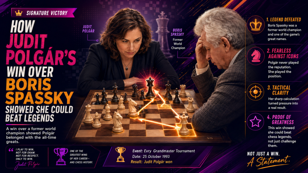 In 1993, Judit Polgár played a match against Boris Spassky, a former world chess champion. Britannica notes that she defeated Spassky in that match, which was a major sign that she was no longer just a young talent. She was already strong enough to beat a player who had once held the highest title in chess.