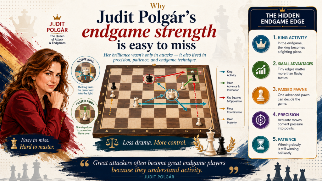 Many fans remember Judit Polgár for sharp attacks, queen sacrifices, and bold king hunts. That makes sense because her attacking games are full of energy. But if we only see the fire, we miss a big part of her strength.