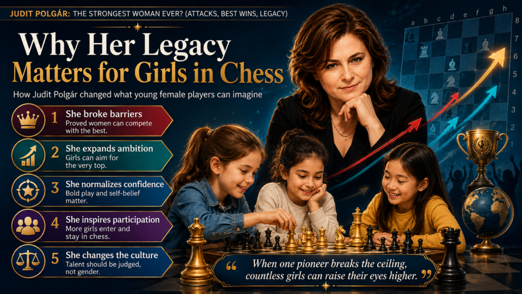 Judit Polgár did not only win games. She changed the picture many people had in their minds. Before her, many people spoke as if women’s chess had a lower ceiling. Judit pushed past that idea by playing in the strongest open events and reaching a level no woman had reached before.