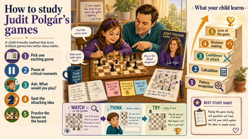 Judit’s games are exciting, but children should not study them by only watching the final attack. That is like watching the last scene of a movie and missing the whole story. The real learning comes from seeing how the attack was built, how the pieces improved, and how the opponent’s defense became harder move by move.