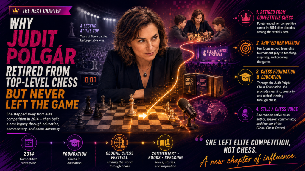 Judit Polgár retired from competitive chess in 2014, but she did not walk away from chess itself. That is a key part of her story. Some champions leave the spotlight and become quiet names in history.