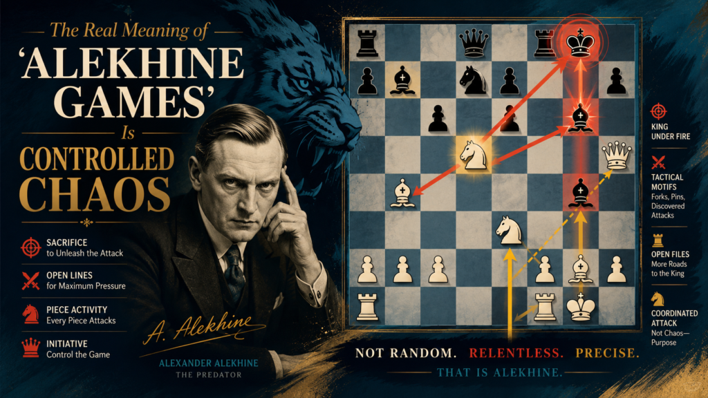 When people talk about “Alekhine games,” they often mean games full of tactics, attacks, and surprising moves. But there is a deeper meaning. An Alekhine game is not messy because the player is careless. It is messy because the attacker understands the mess better than the defender.