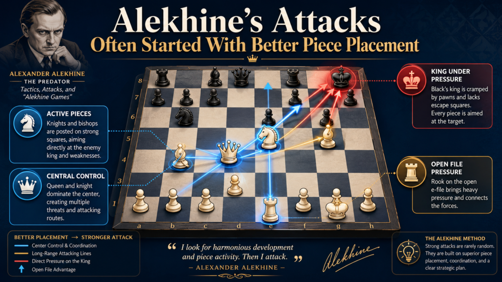 The most dangerous attacks often begin quietly. A knight moves closer. A rook comes to an open file. A bishop points at the king. A queen shifts to a square where it can join later. Nothing explodes yet, but the pressure grows. Alekhine was a master of this kind of build-up.