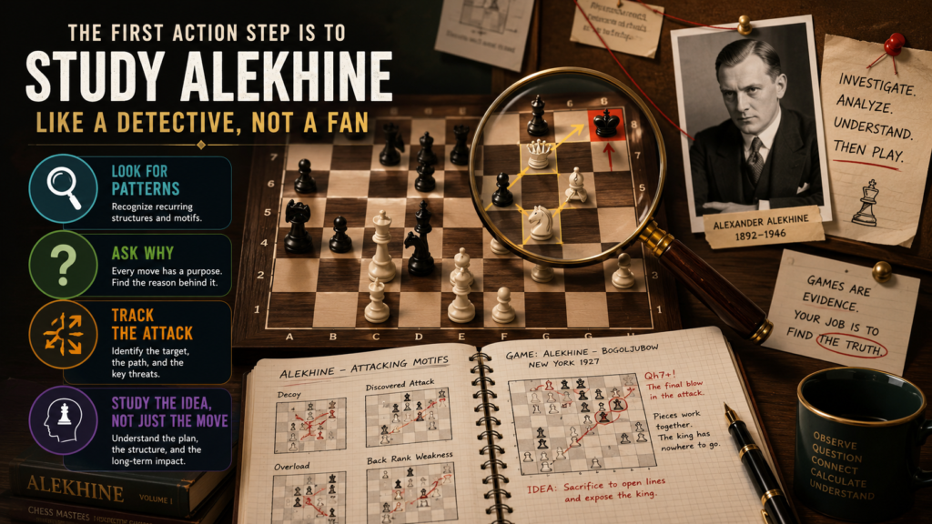 It is fun to admire Alekhine’s attacks. But if a student only says, “Wow, that was brilliant,” they miss the lesson. The better way is to study like a detective. A detective asks questions. Why did this move work? What was the weak square? Which defender was overloaded? When did the attack become real?