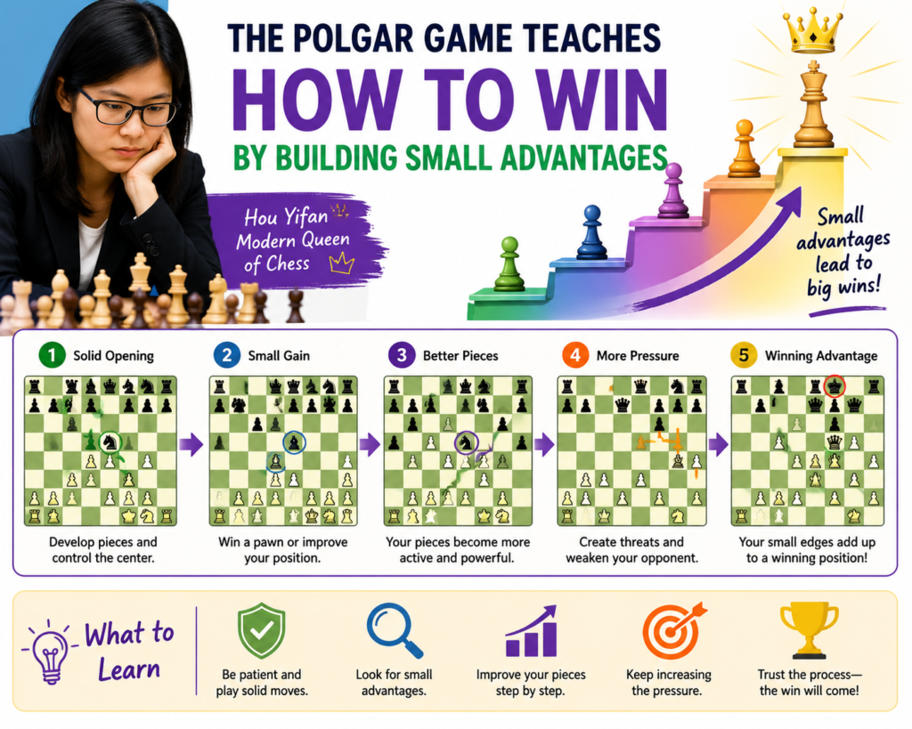 The beauty of Hou Yifan’s win over Polgar is that it was not based on one lucky trick. Chess.com described the game as an endgame win that came from a Sicilian Taimanov structure. That matters because endgames punish careless thinking.