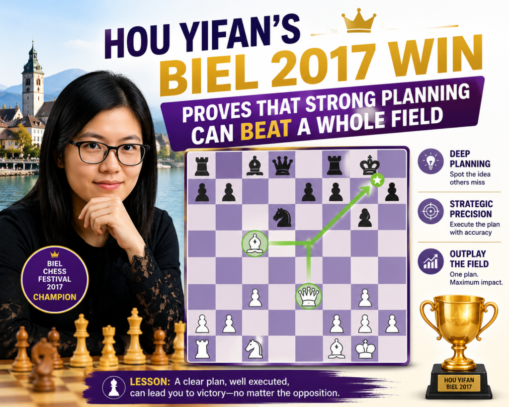 Hou Yifan’s 2017 win at the Biel Grandmaster Tournament is one of the clearest signs of how strong she was against elite opposition. Chess.com reported that she won the event outright with 6.5 out of 9. 