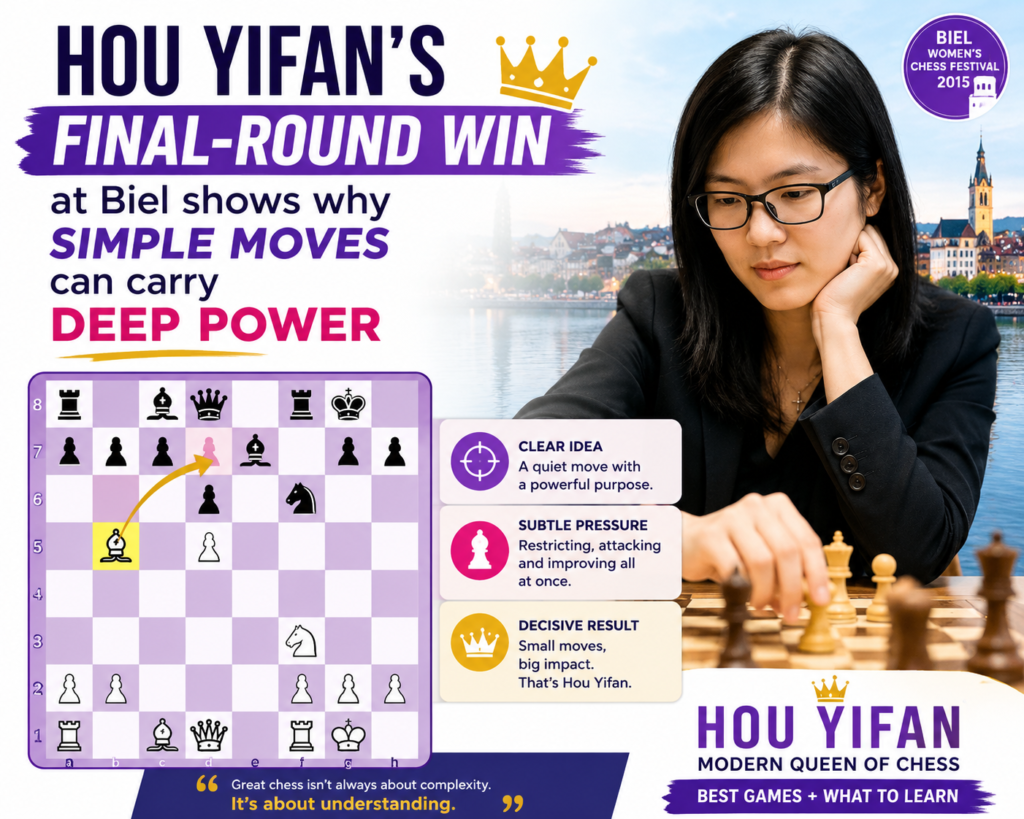 In the last round of Biel 2017, Hou Yifan defeated Nico Georgiadis and secured first place. Reports from the Russian Chess Federation and FIDE’s old site both noted that her final-round win gave her the tournament victory with 6.5 points out of 9.