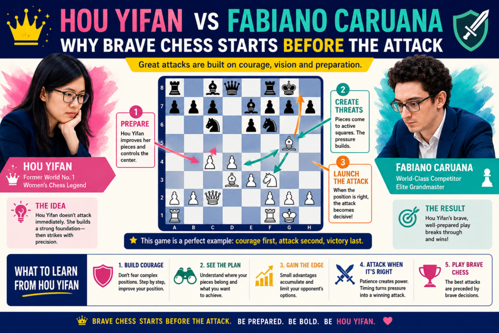 Hou Yifan’s 2017 win against Fabiano Caruana at the GRENKE Chess Classic is one of the best games for students to study because it shows quiet courage. Caruana was one of the strongest players in the world, and the game came in round one of a top-level event.