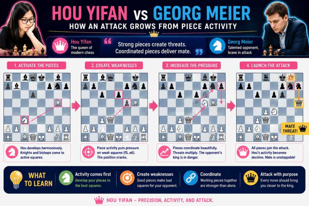 In round two of the same GRENKE Chess Classic, Hou Yifan beat Georg Meier with Black. ChessBase described her win as a mating attack, and that result gave her a perfect 2 out of 2 start in the event. 
