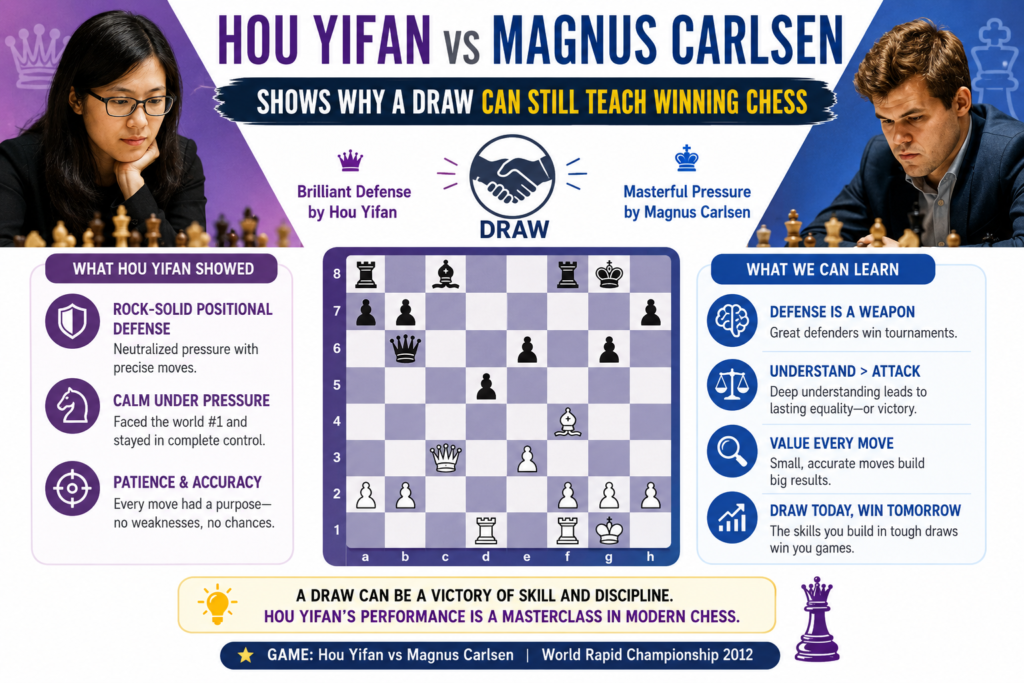Hou Yifan’s 2017 game against Magnus Carlsen at GRENKE was a draw, but it still belongs in this article because not every great lesson comes from a win. Carlsen was the world’s top player, and the game was played in round three.