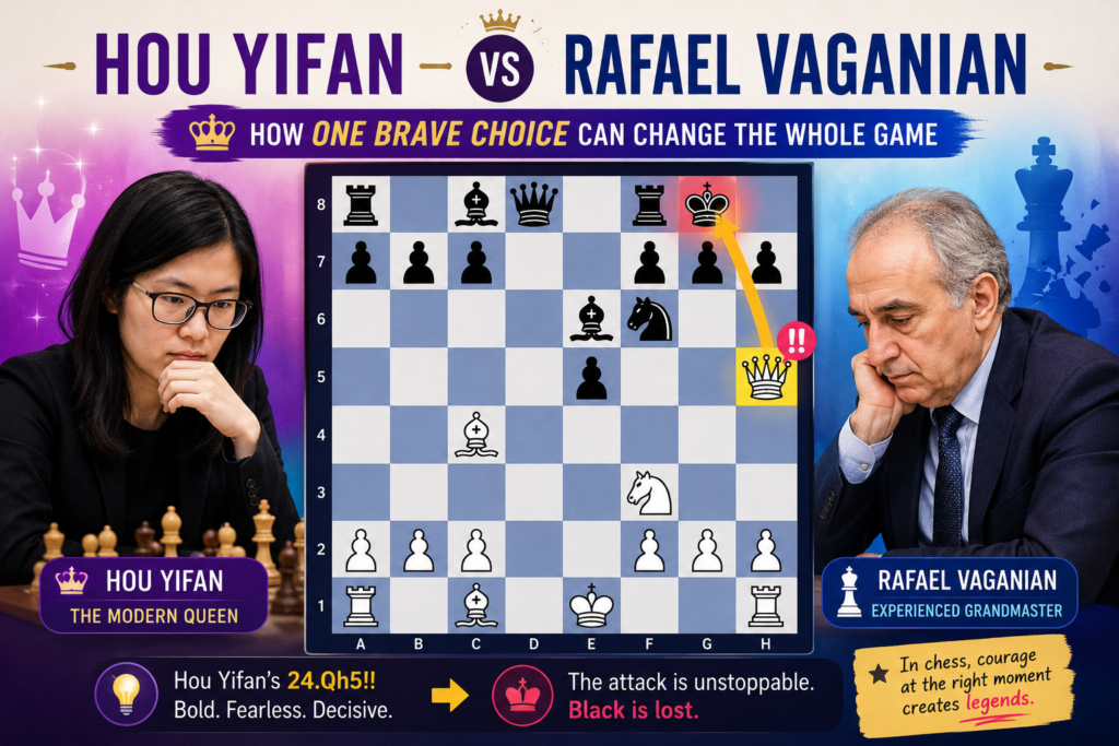 Hou Yifan’s win against Rafael Vaganian at Biel 2017 is a perfect game for students who want to understand real attacking chess. Vaganian was a very experienced grandmaster, and Hou had the black pieces.
