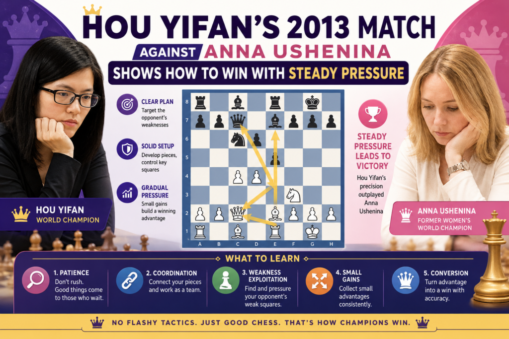 Hou had lost the title in the 2012 knockout cycle, but in 2013 she got the chance to fight for it again. The match was played in Taizhou, China, and Chess.com reported that Hou won the match in only seven games, beating the defending champion by a final score of 5.5 to 1.5.