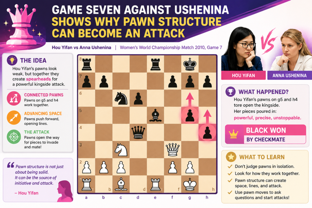 The final game of the 2013 match against Anna Ushenina gives students a clean lesson in how a small edge can grow into a winning attack.