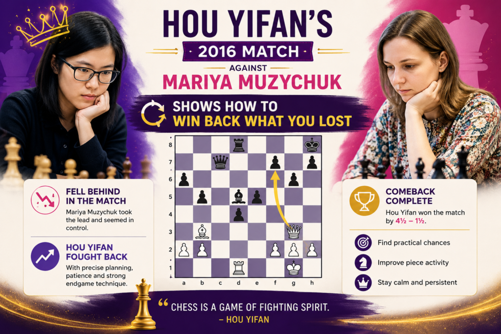 Hou Yifan’s 2016 match against Mariya Muzychuk is one of the most important parts of her career because it was not only about winning. It was about returning. She had been world champion before, but in 2016 she had to fight as the challenger.