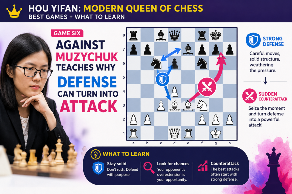 Game six of the 2016 match is a strong lesson in how quickly a game can change. Muzychuk had White and chose a sharp Giuoco Piano. ChessBase wrote that she seemed to have the better chances early, but later her knight became stuck on the edge of the board, and Hou turned the game around for a major win.