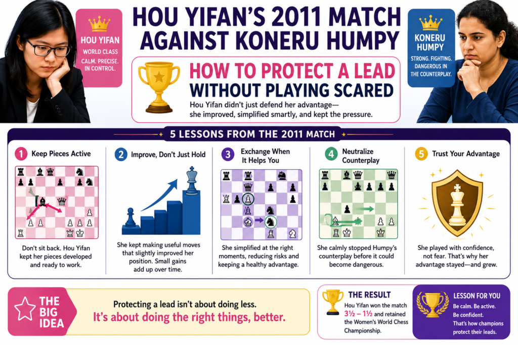 Hou Yifan’s 2011 world championship match against Koneru Humpy was another major test. The match was planned for ten games in Tirana, Albania, but Hou reached the needed 5.5 points after only eight games and kept her title with a final score of 5.5-2.5.