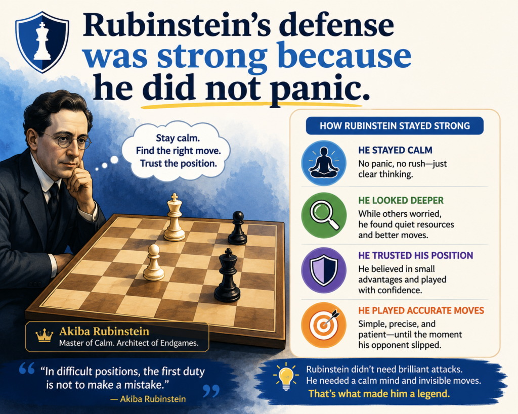 People often talk about Rubinstein’s endgames and quiet wins, but his defense is also worth studying. A good player cannot always attack. Sometimes the position is worse. Sometimes the opponent has pressure. Sometimes there is no easy move. In those moments, calm defense matters.