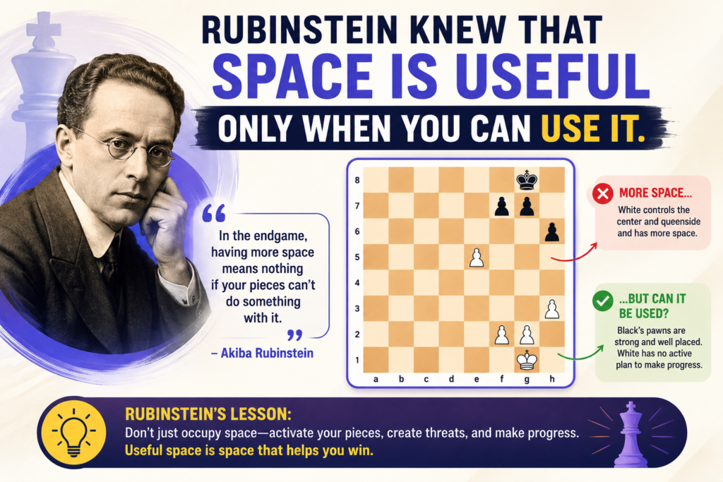 Rubinstein did not grab space without a plan. He wanted space that helped his pieces. He wanted pawns that controlled important squares. He wanted room for his rooks, bishops, and king. His space had purpose.