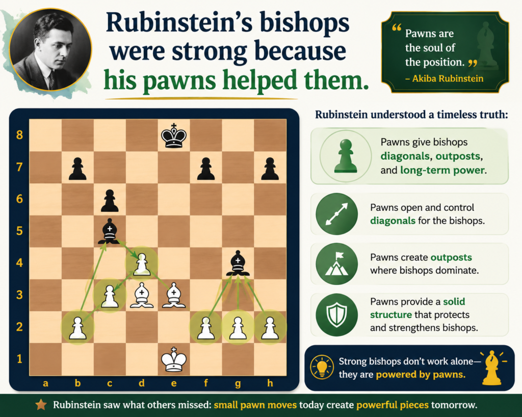 A bishop can look weak or strong based on the pawns around it. If your own pawns block your bishop, the bishop may feel trapped. If your pawns open paths for it, the bishop can become a long-range hero. Rubinstein understood this very well.