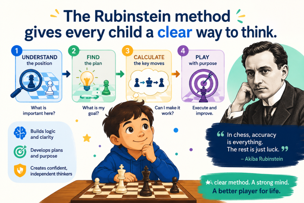 Rubinstein can feel like a giant from the past, but his method is very friendly for young learners. It does not depend on flashy tricks. It depends on good habits. Improve the worst piece. Make the king active in the endgame.