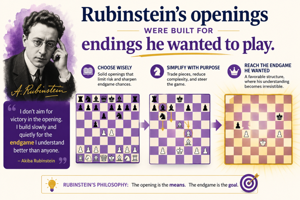 Some players treat the opening like a race. They memorize moves and hope the opponent forgets something. Rubinstein’s openings had a deeper aim. He wanted positions he understood. He wanted clean pawn structures.