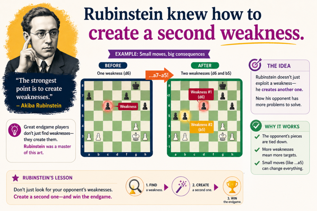 This is one of the most practical ideas in chess. First, you attack one weak pawn. The opponent defends it. Then you improve your pieces. Then you create pressure on the other side of the board. Now the opponent has two problems.