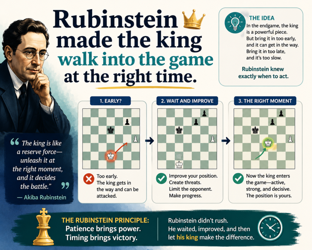 Rubinstein did not play this way. In his best endings, the king became a worker. It walked closer to the center. It protected weak squares. It helped pawns move. It pushed the enemy king back.