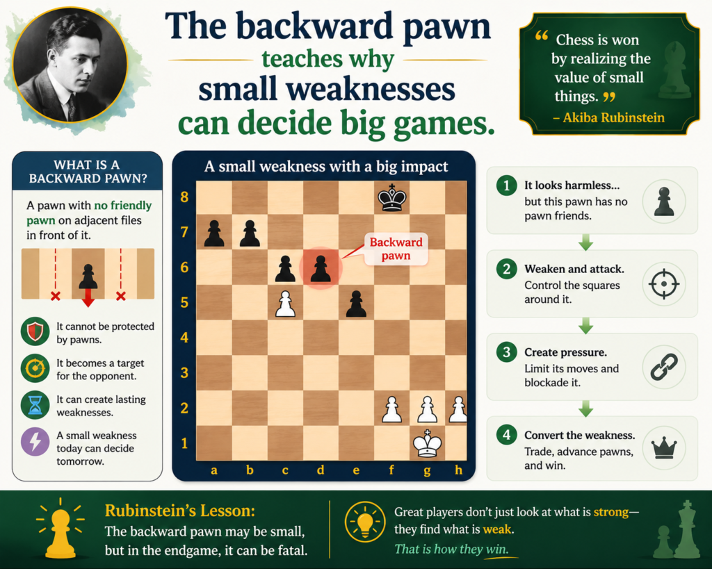 One famous Rubinstein game against Georg Salwe from 1908 is often known by the nickname “The Backward Pawn.” It is studied because Rubinstein showed how a small pawn weakness can become a long-term target.
