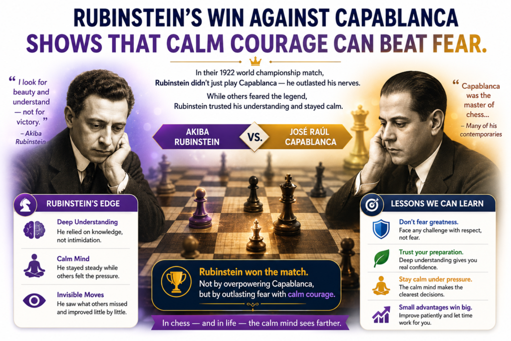 In 1911, Rubinstein defeated José Raúl Capablanca at San Sebastián. Capablanca later became World Champion, and he was already known as a player with amazing natural skill. Their game at San Sebastián was a win for Rubinstein with the white pieces, and it remains one of the famous games from that event.
