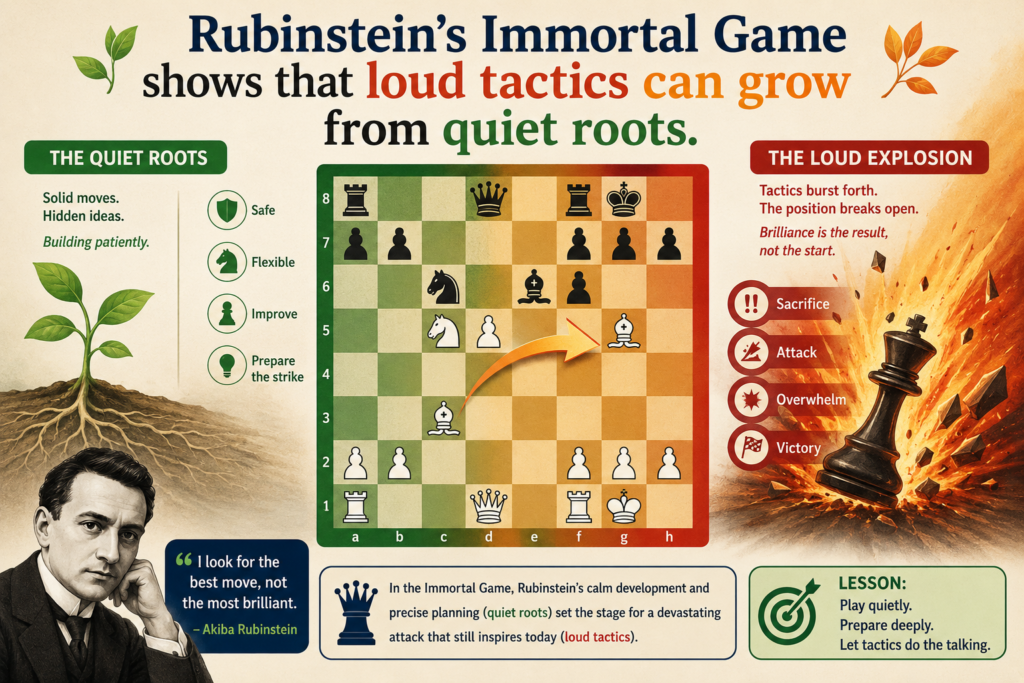 One of Rubinstein’s most famous games was played against Gersz Rotlewi in Łódź on December 26, 1907. It is often called Rubinstein’s Immortal Game, and it became famous because of Rubinstein’s stunning queen and rook sacrifice. 