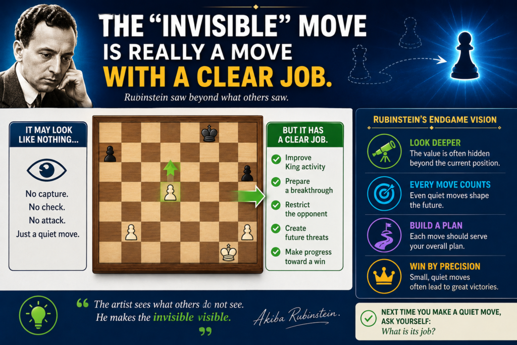 When people hear the words “invisible move,” they may think it means a move no normal person could ever find. That is not the best way to see Rubinstein. His quiet moves were not magic tricks. They were moves with a job.
