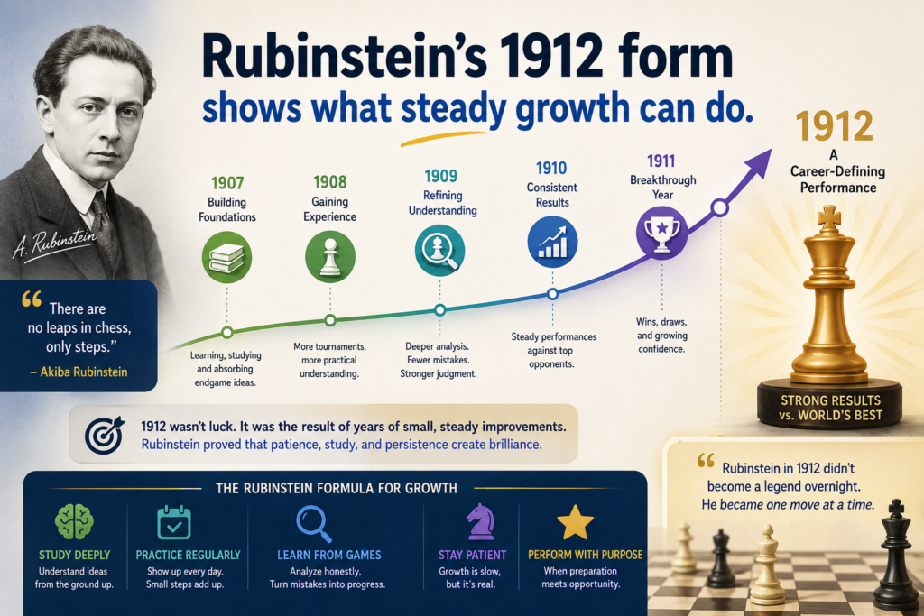 The year 1912 is one of the great chapters in Rubinstein’s chess life. Chess.com notes that he won five straight tournaments that year, and the World Chess Hall of Fame says a world title match with Emanuel Lasker seemed likely before history got in the way.