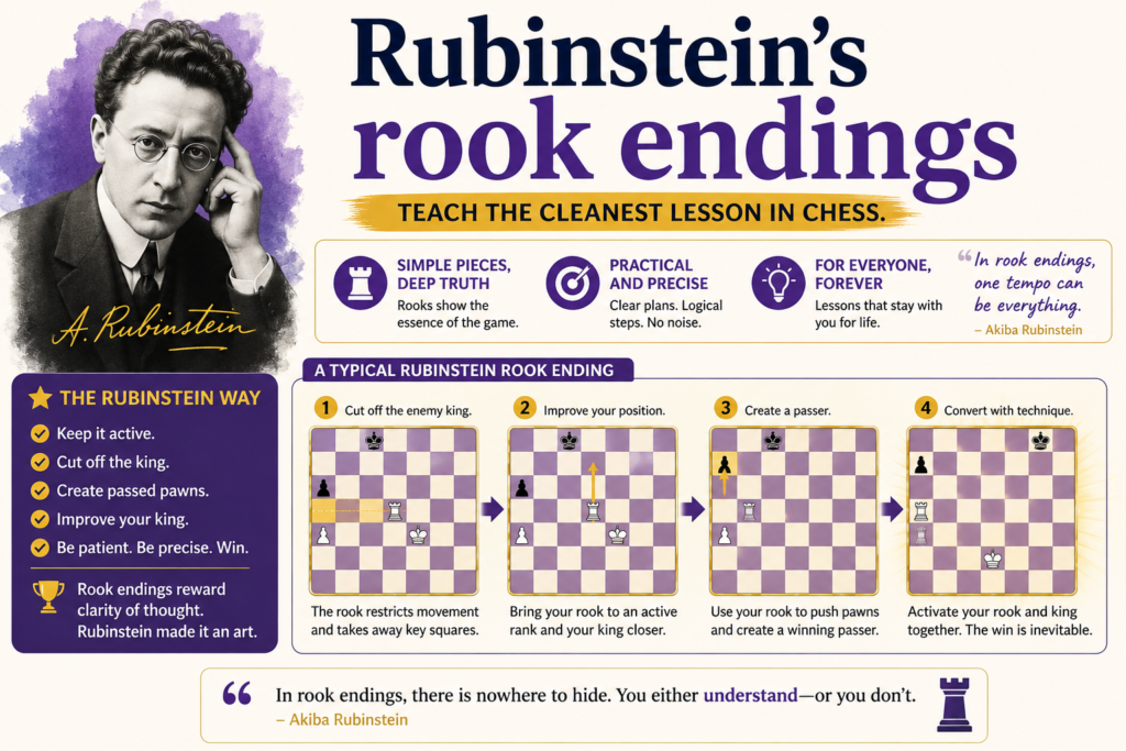 That is why later writers and players often praised his rook endgame skill. ChessBase even shared the famous story that Rudolf Spielmann joked Rubinstein’s rook endgame play looked like “witchcraft” after their 1909 game in Saint Petersburg.